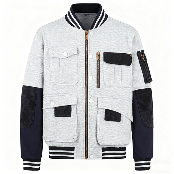 Light Gray Textured Multi-Pocket Contrast Sleeve Baseball Jacket