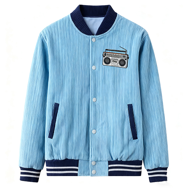Light Blue Corduroy Boombox Graphic Baseball Jacket