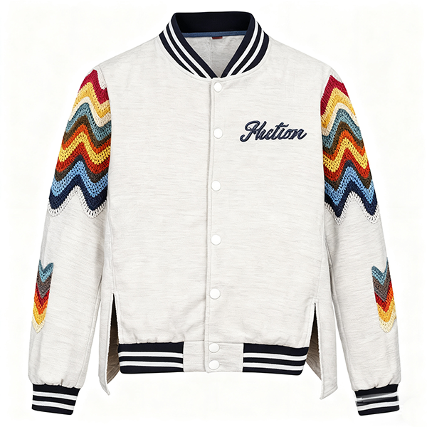 Gray Baseball Jacket with Chevron Knit Sleeves