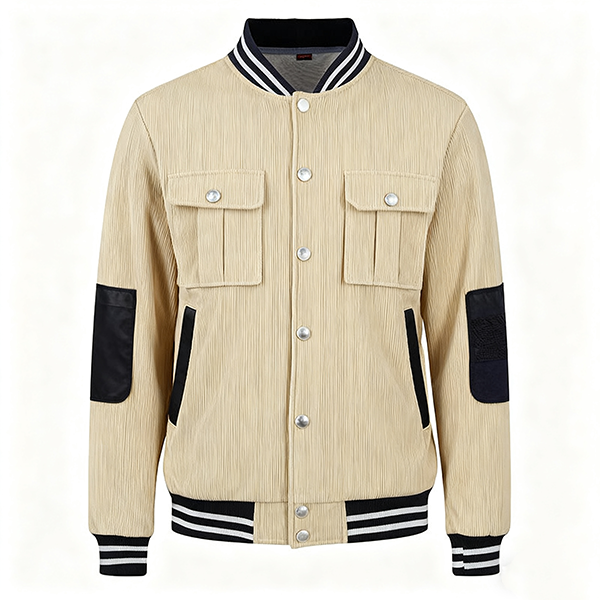 Beige Corduroy Baseball Jacket with Black Accents