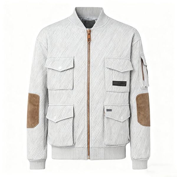 Light Gray Textured Bomber Jacket with Suede Elbow Patches