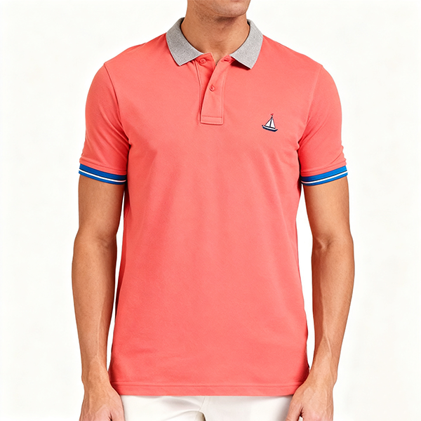 Coral Pink Polo Shirt with Gray Collar & Sailboat Emblem