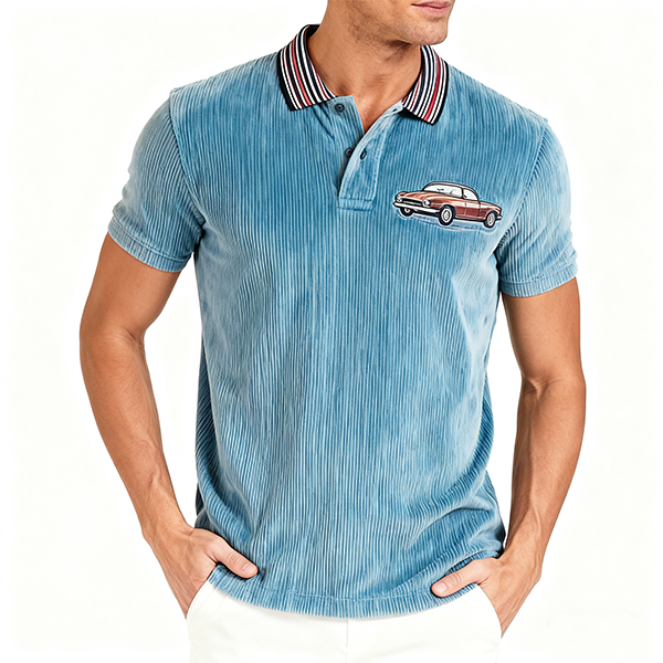 Blue Corduroy Polo Shirt with Retro Car Embroidery