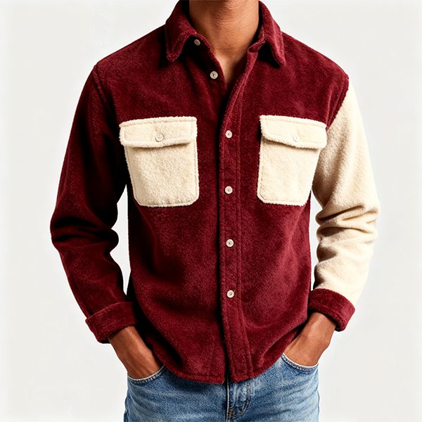 Burgundy & Cream Sherpa-Trimmed Shirt