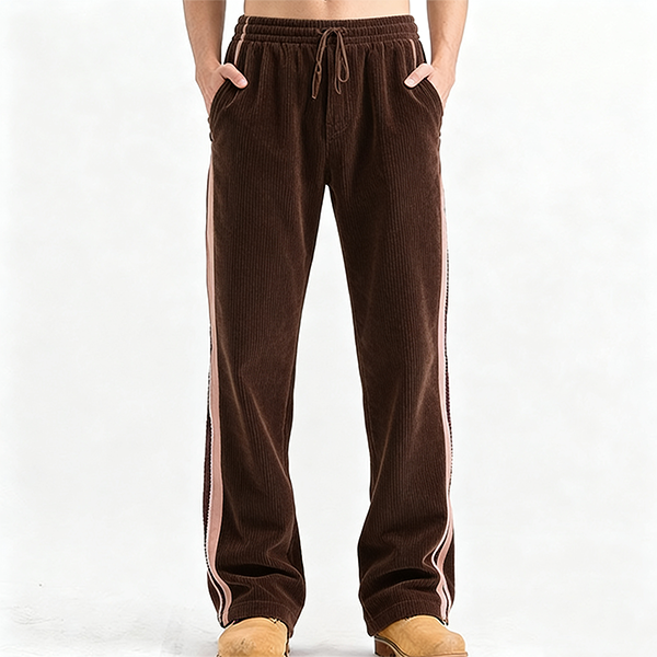 Brown Corduroy Wide-Leg Pants with Stripe Trim