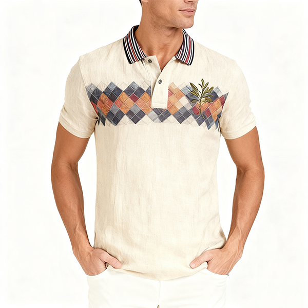 Beige Polo Shirt with Argyle Chest Panel